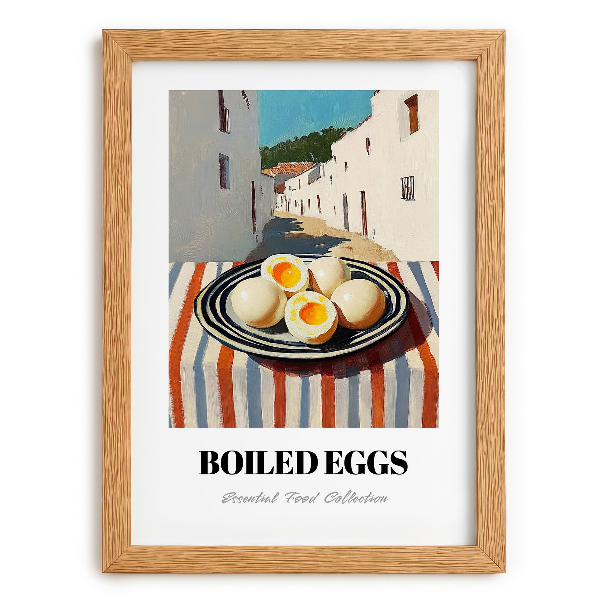 Boiled Eggs – White village Café on the Corner, American Food Wall Print, set in oak frame