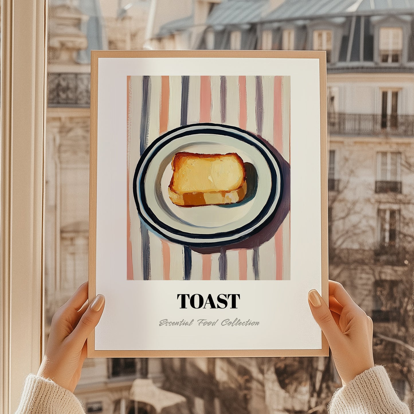 Toast – on Striped Tablecloth, British Food Poster, styled in a charming Paris street view