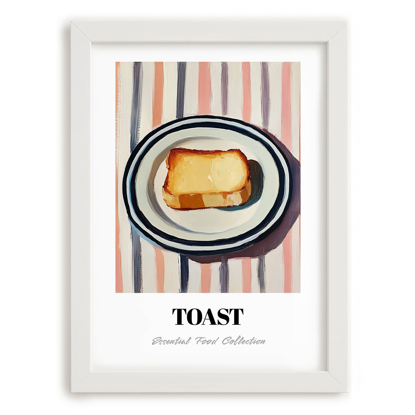 Toast – on Striped Tablecloth, British Food Poster, placed in minimal white frame