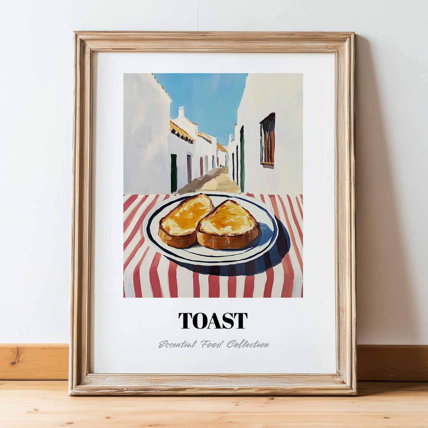 Toast – White village Urban Café Scene, British Food Illustration, in wooden frame leaning on the floor