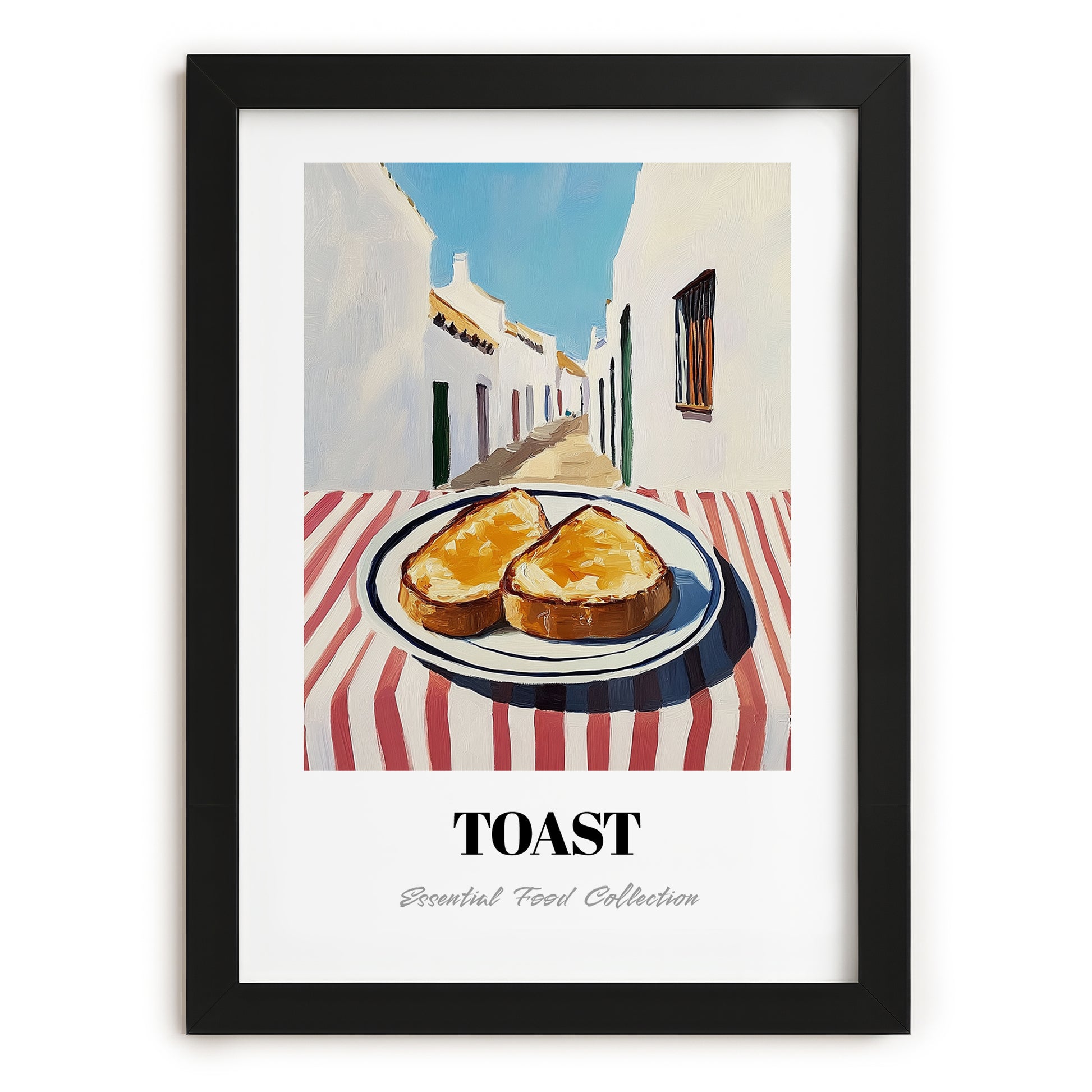 Toast – White village Urban Café Scene, British Food Illustration, in sleek black frame