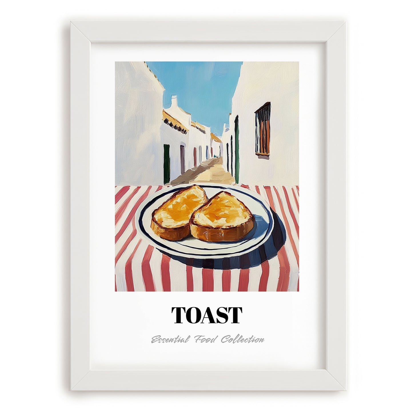 Toast – White village Urban Café Scene, British Food Illustration, placed in minimal white frame