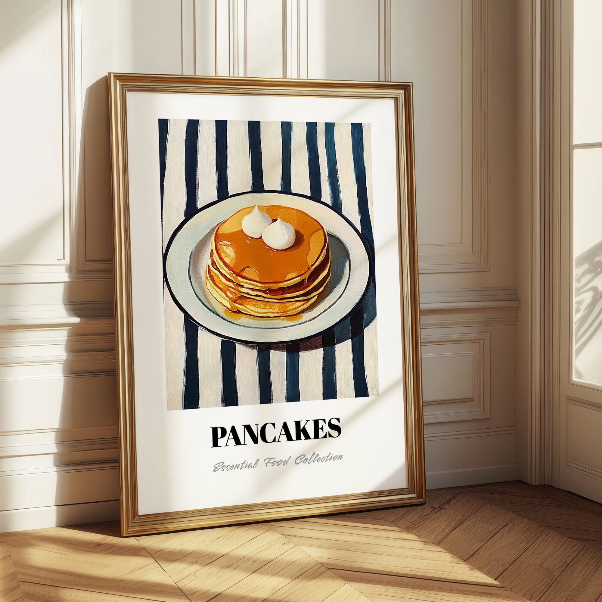 Pancakes – on Striped Tablecloth, American Pastry Wall Decor 