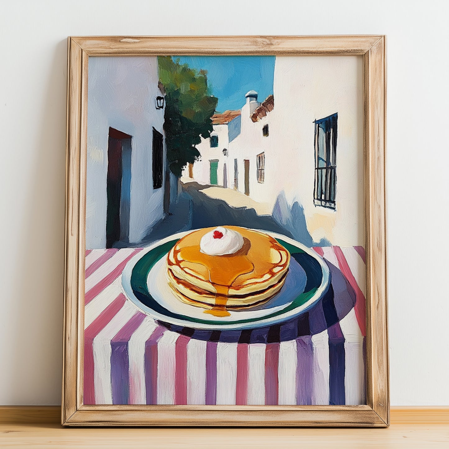 Pancakes – White village Urban Café Scene, American Pastry Illustration, no-text version framed in wood