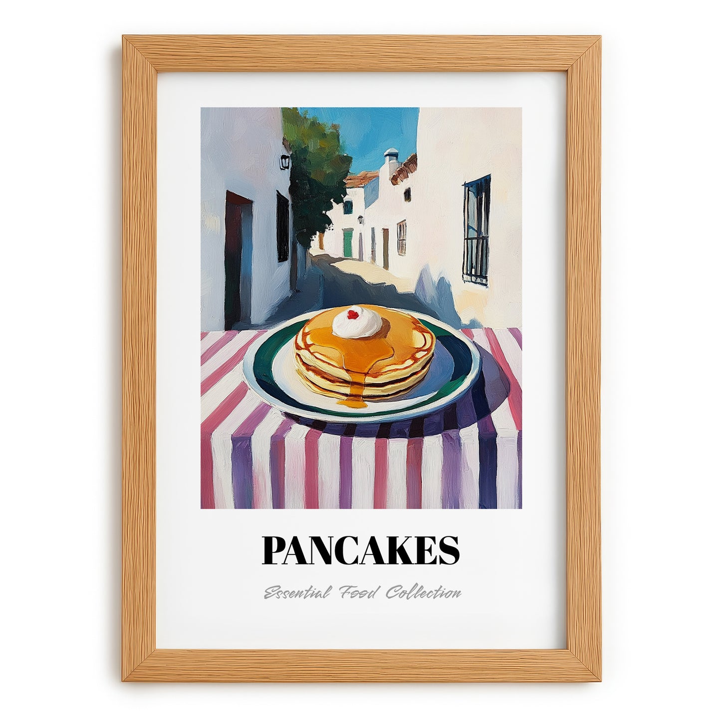 Pancakes – White village Urban Café Scene, American Pastry Illustration, set in oak frame