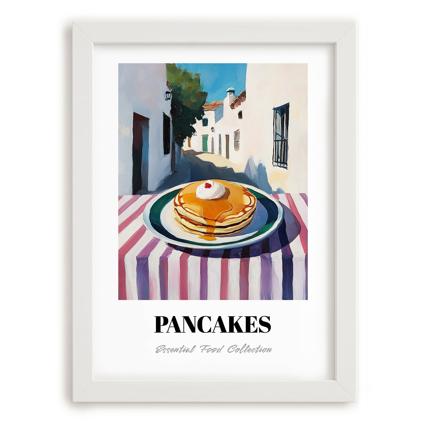Pancakes – White village Urban Café Scene, American Pastry Illustration, placed in minimal white frame