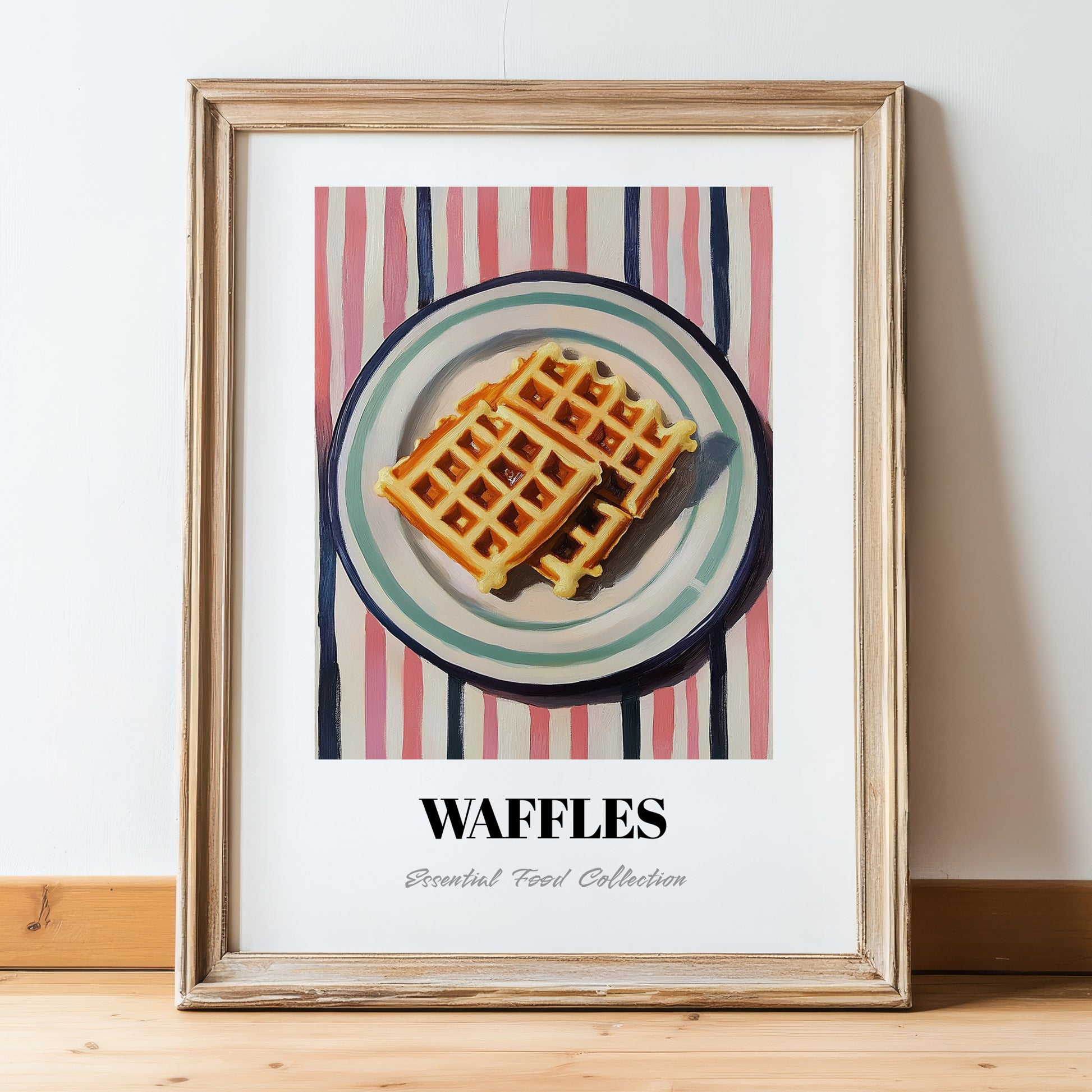 Waffles – on Striped Tablecloth, American Pastry Art, in wooden frame leaning on the floor
