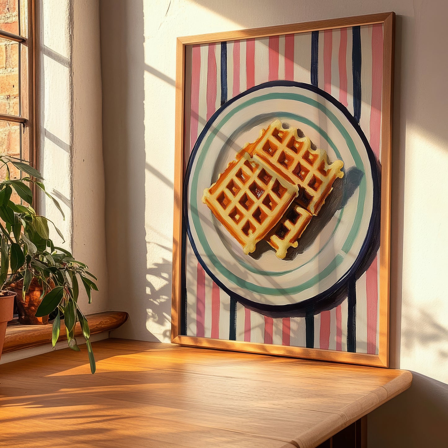 Waffles – on Striped Tablecloth, American Pastry Art, clean layout with no caption