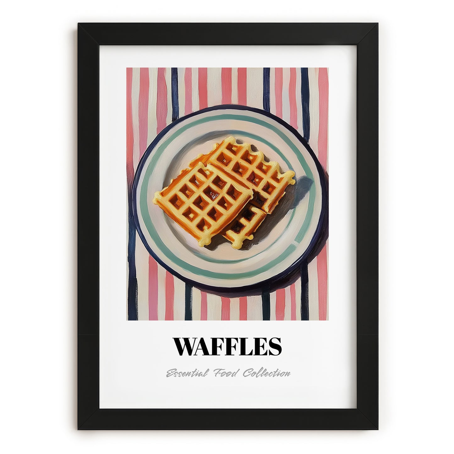 Waffles – on Striped Tablecloth, American Pastry Art, in sleek black frame