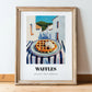 Waffles – White village Urban Café Scene, American Pastry Still Life, in wooden frame leaning on the floor