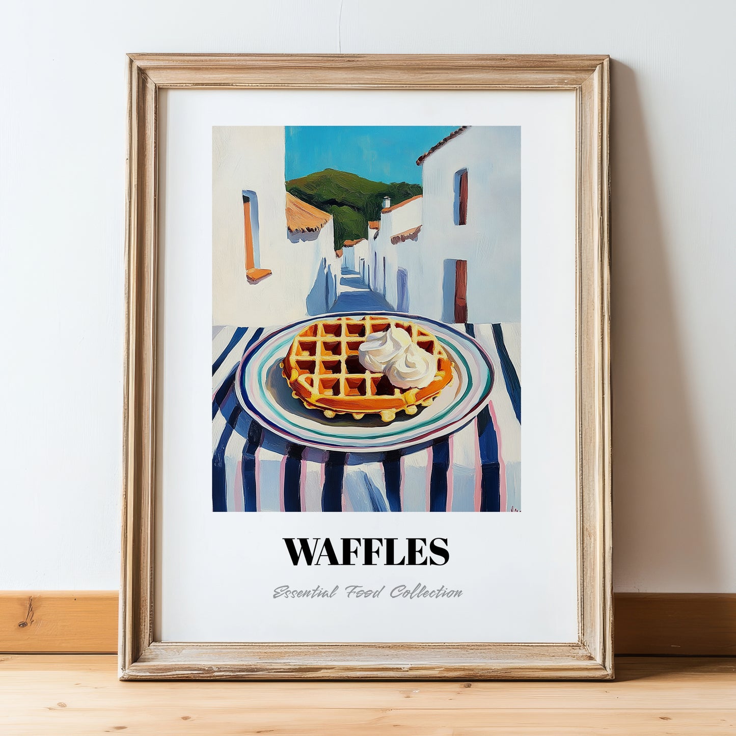 Waffles – White village Urban Café Scene, American Pastry Still Life, in wooden frame leaning on the floor