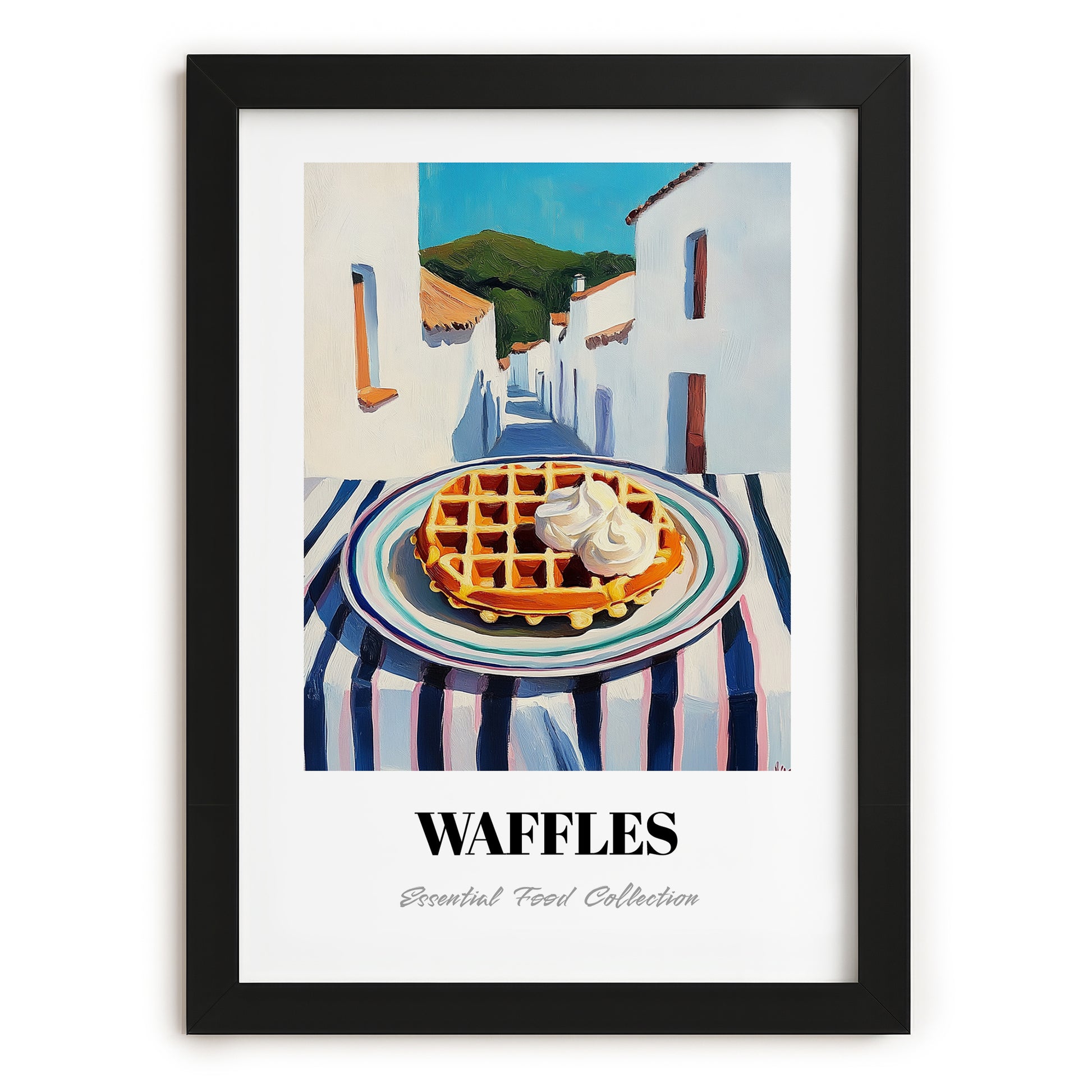 Waffles – White village Urban Café Scene, American Pastry Still Life, in sleek black frame