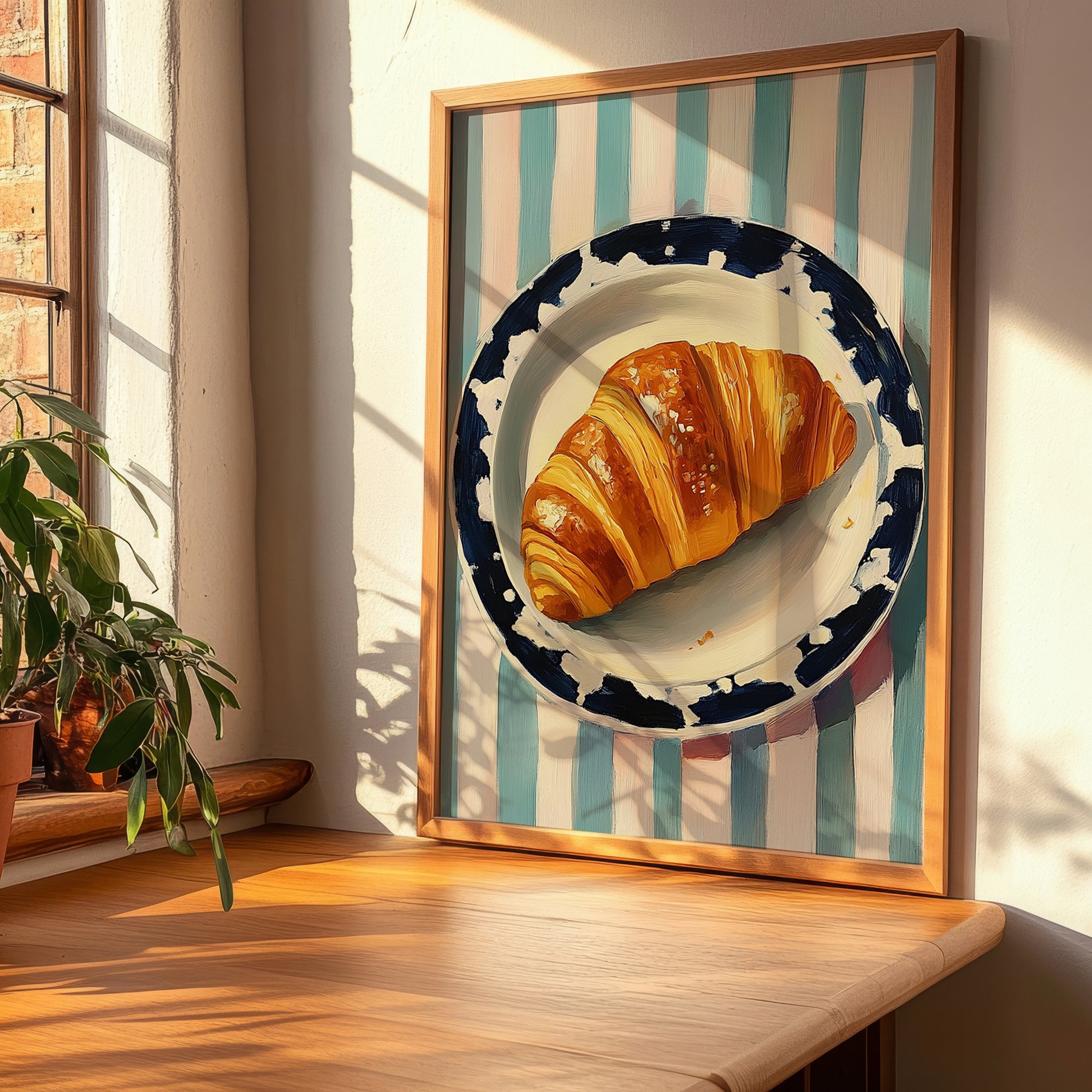 Croissant – on Striped Tablecloth, French French Pastry Art, clean layout with no caption