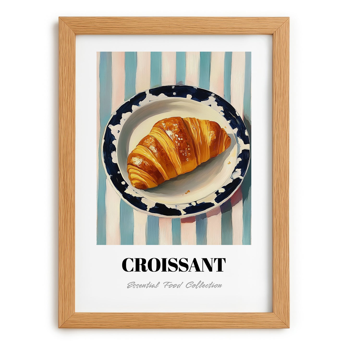Croissant – on Striped Tablecloth, French French Pastry Art, set in oak frame