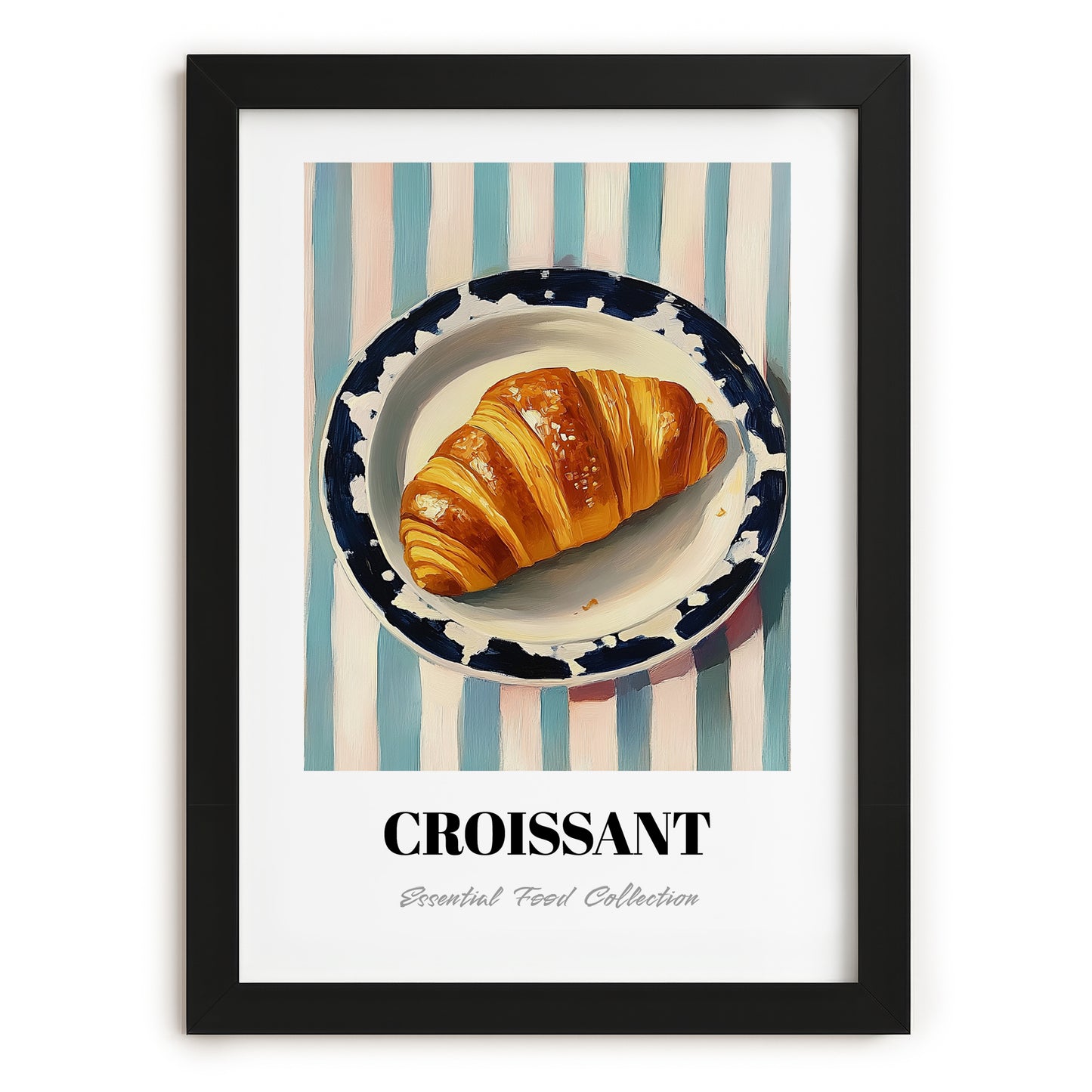 Croissant – on Striped Tablecloth, French French Pastry Art, in sleek black frame