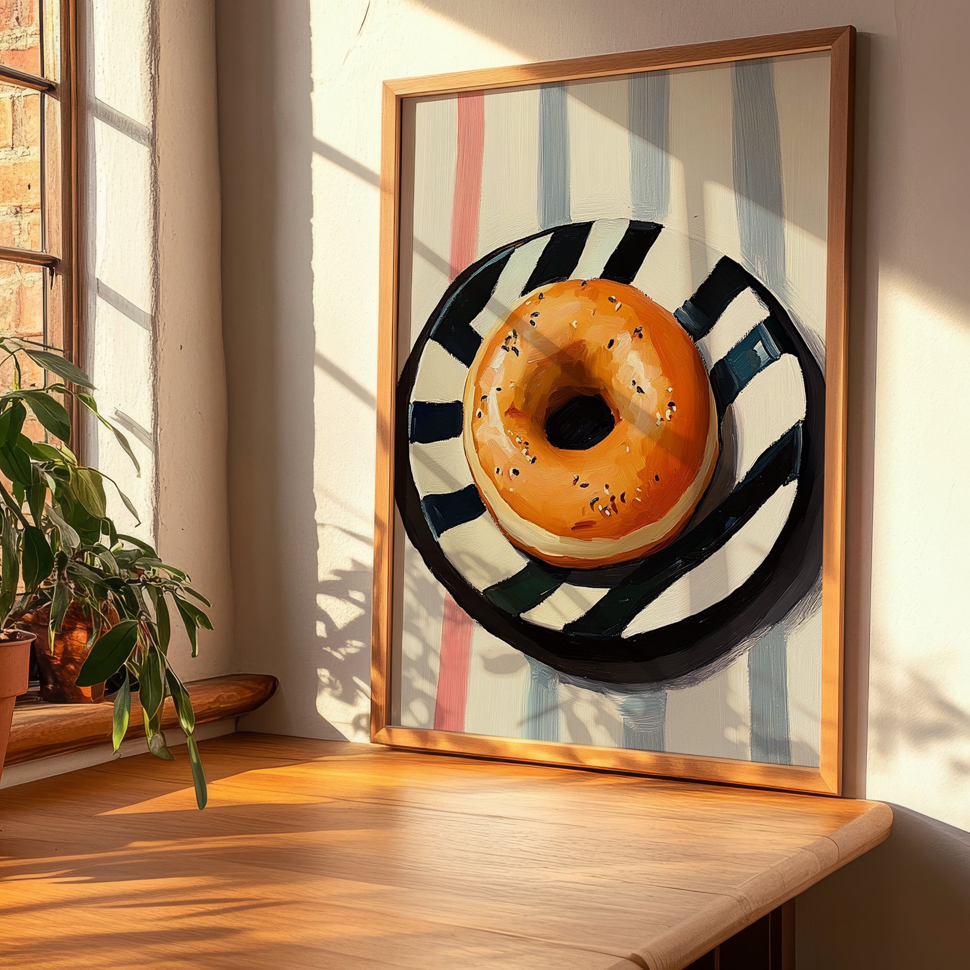 Bagel – on Striped Tablecloth, American Pastry Wall Painting, clean layout with no caption