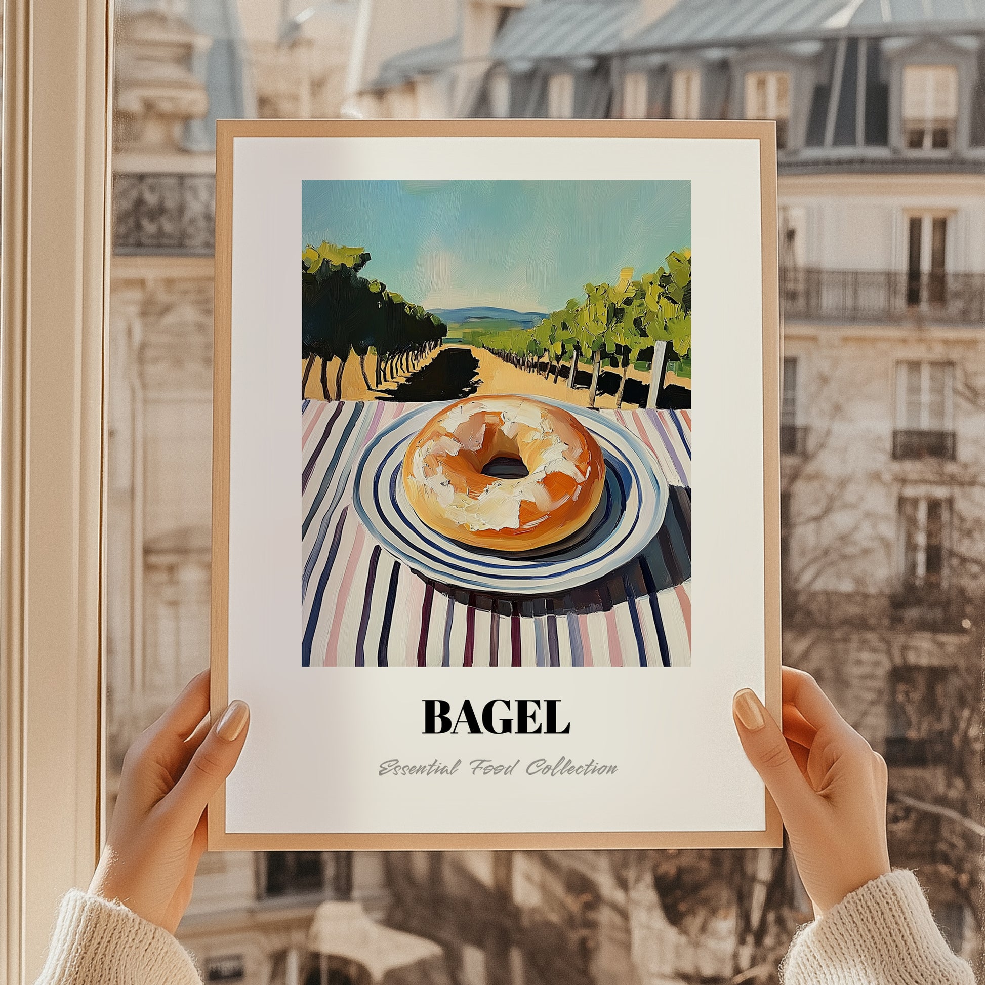Bagel – Hilltop Table Scene, American Pastry Wall Print, styled in a charming Paris street view