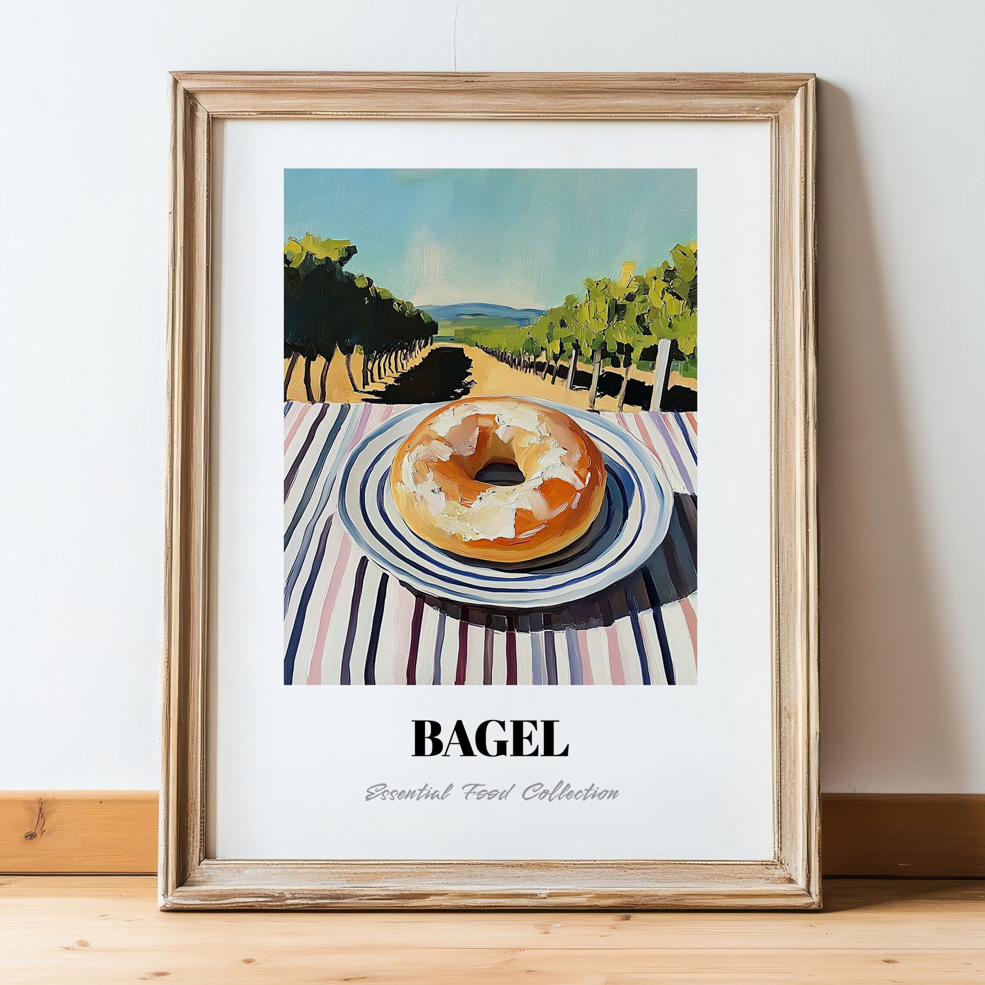 Bagel – Hilltop Table Scene, American Pastry Wall Print, in wooden frame leaning on the floor
