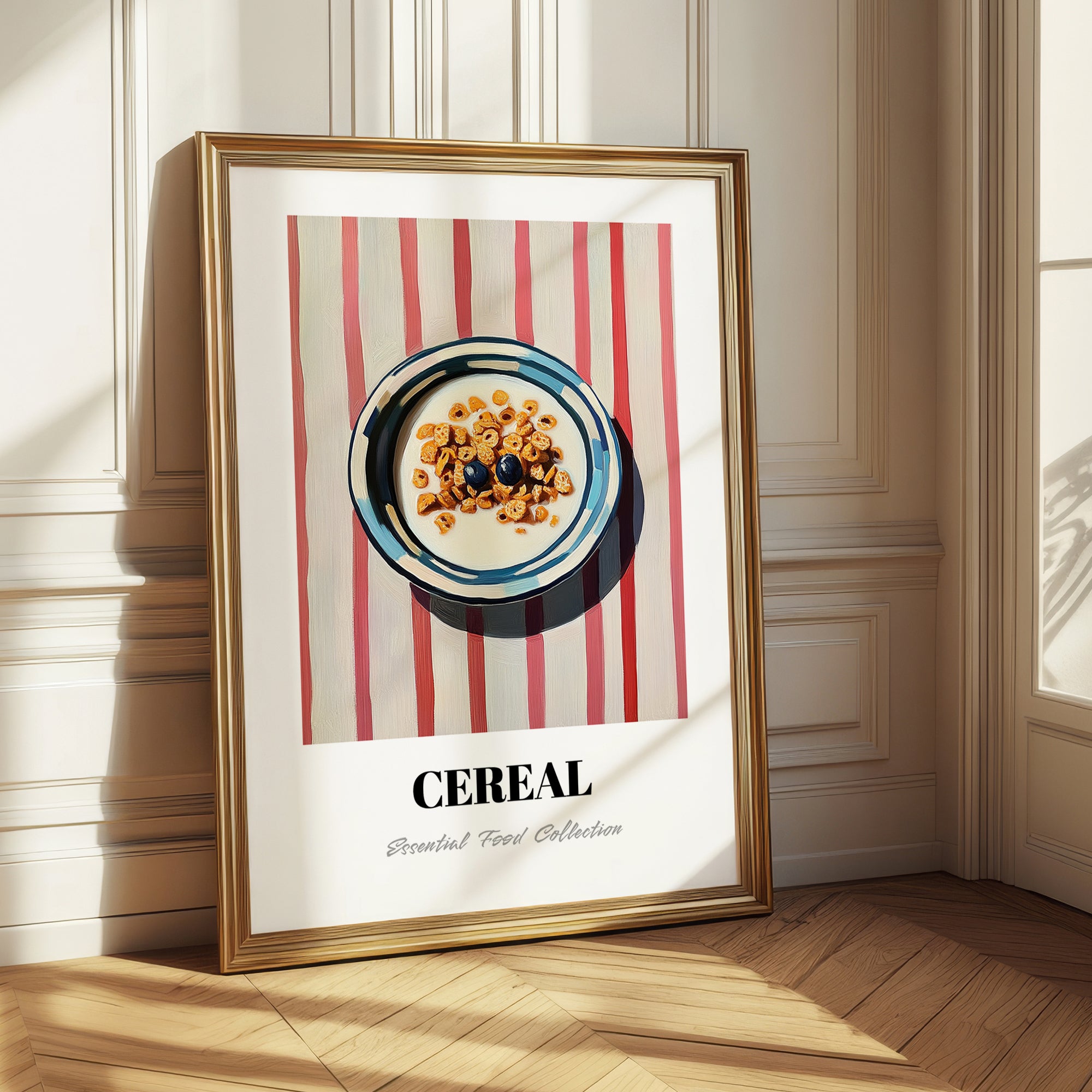 Cereal – on Striped Tablecloth, American Food Still Life
