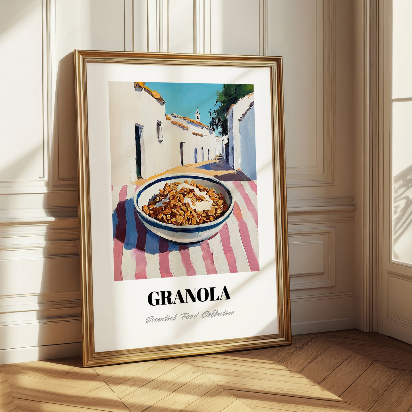 Granola – White village Street Café Scene, American Food Wall Decor