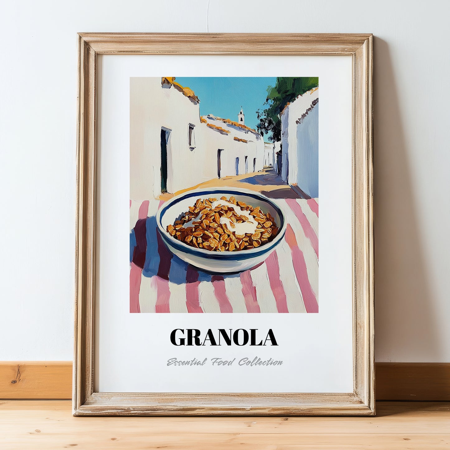 Granola – White village Street Café Scene, American Food Wall Decor, in wooden frame leaning on the floor