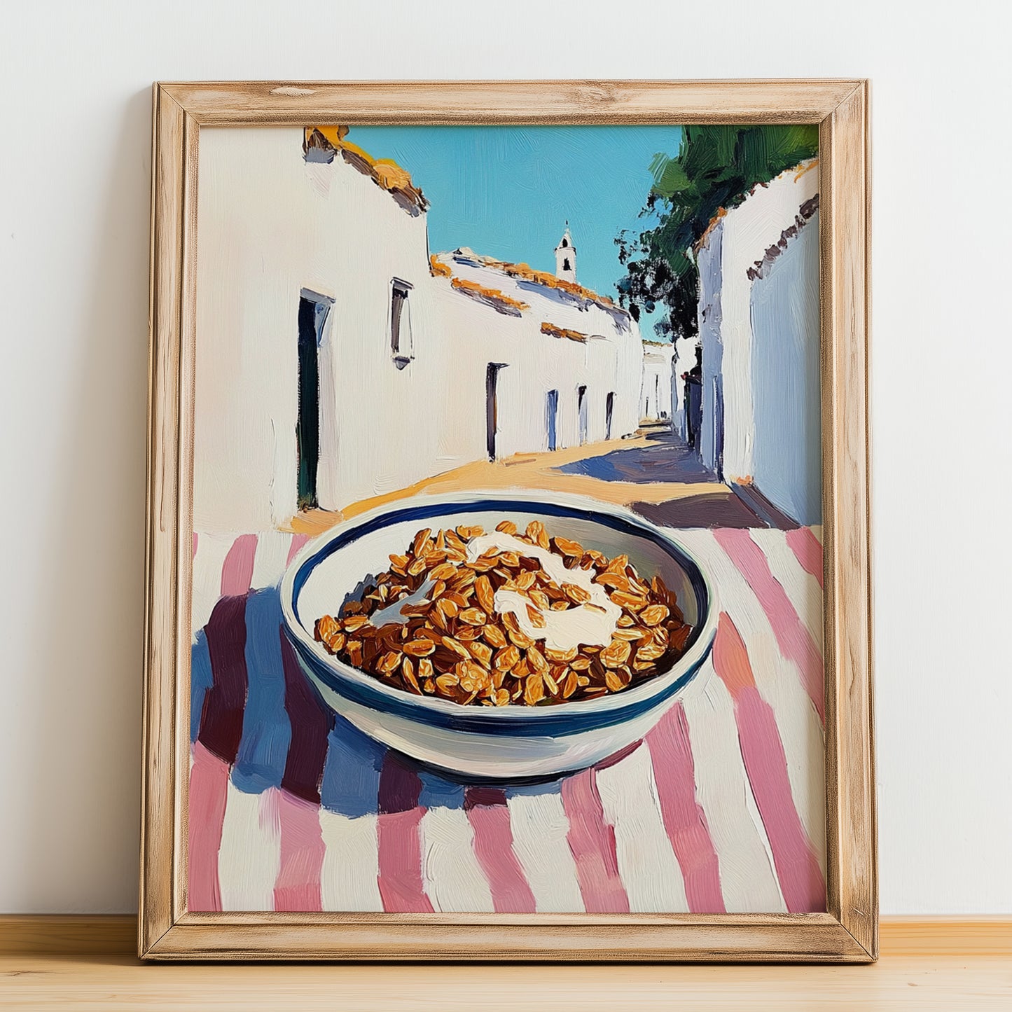 Granola – White village Street Café Scene, American Food Wall Decor, no-text version framed in wood