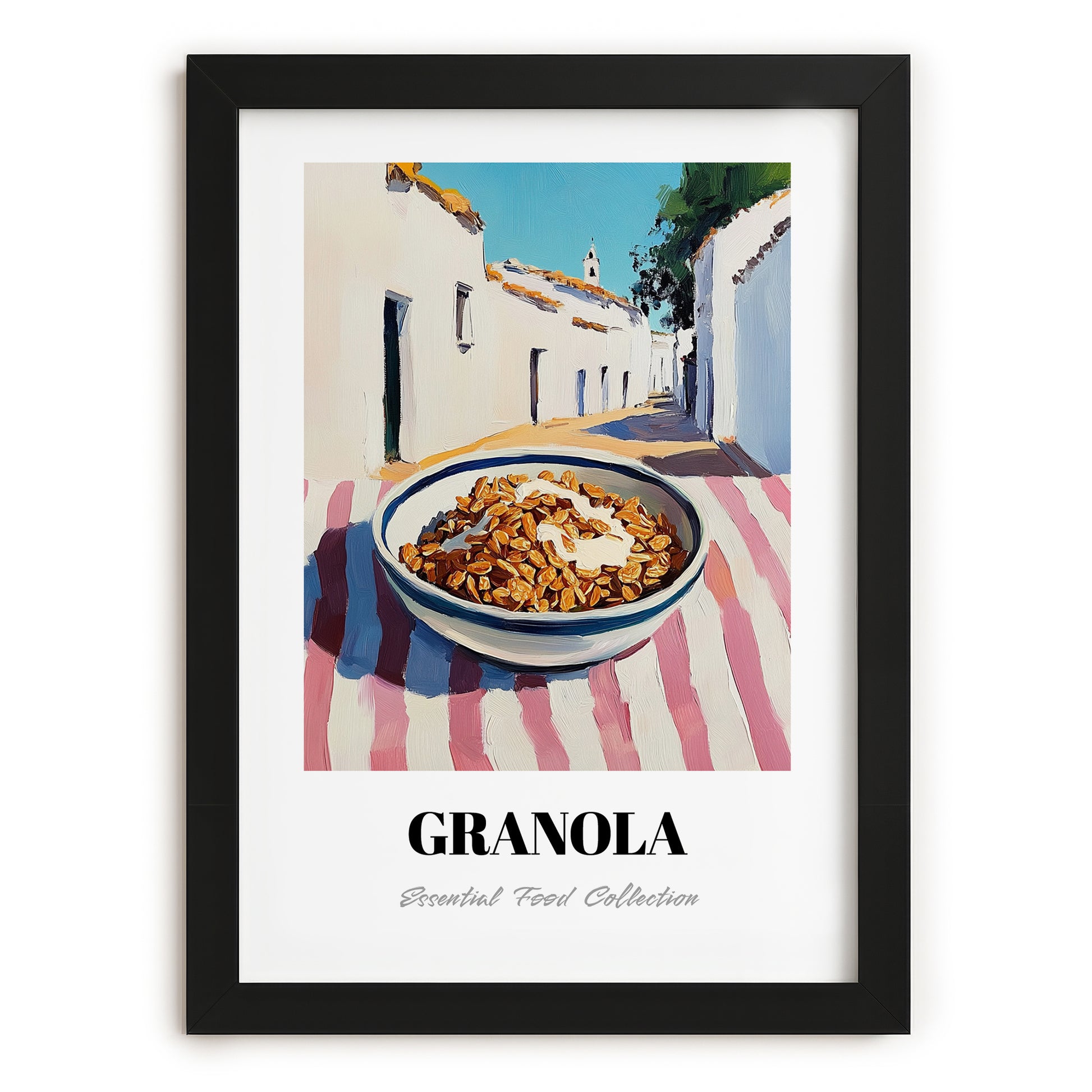 Granola – White village Street Café Scene, American Food Wall Decor, in sleek black frame
