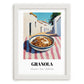Granola – White village Street Café Scene, American Food Wall Decor, placed in minimal white frame