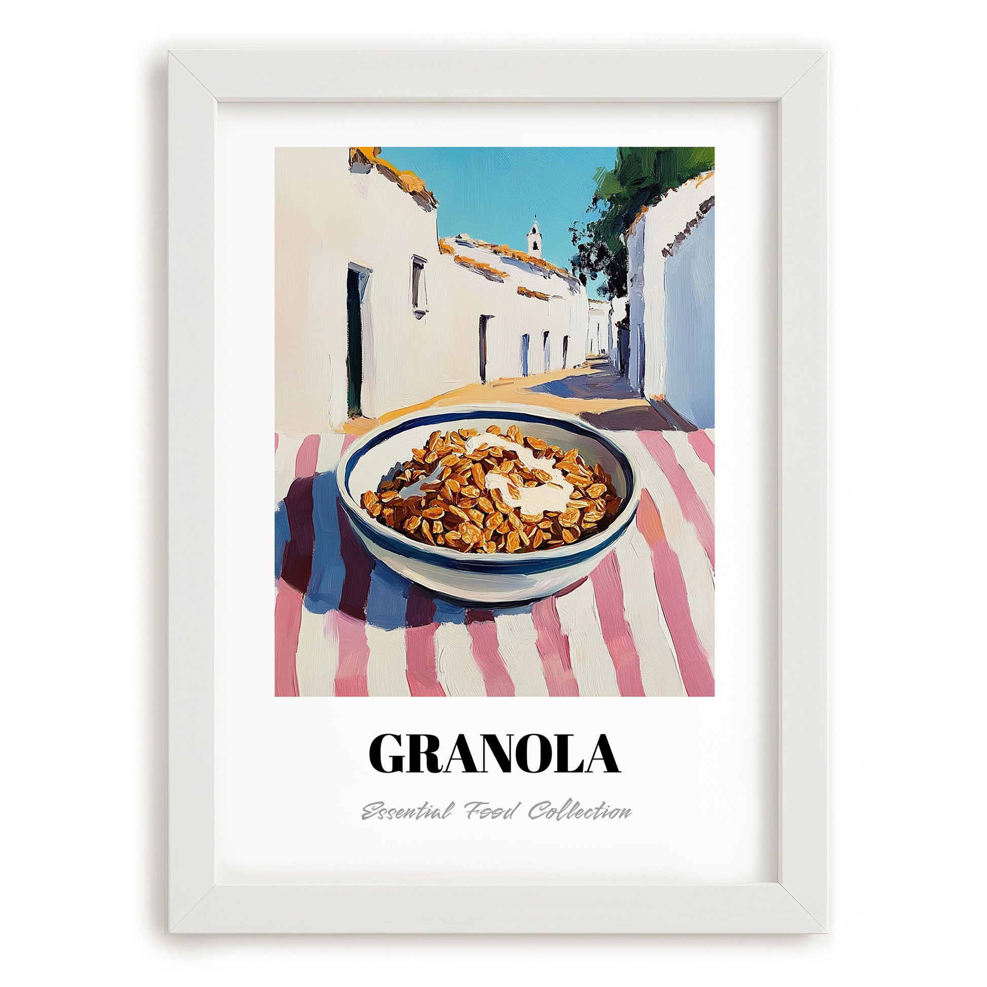 Granola – White village Street Café Scene, American Food Wall Decor, placed in minimal white frame
