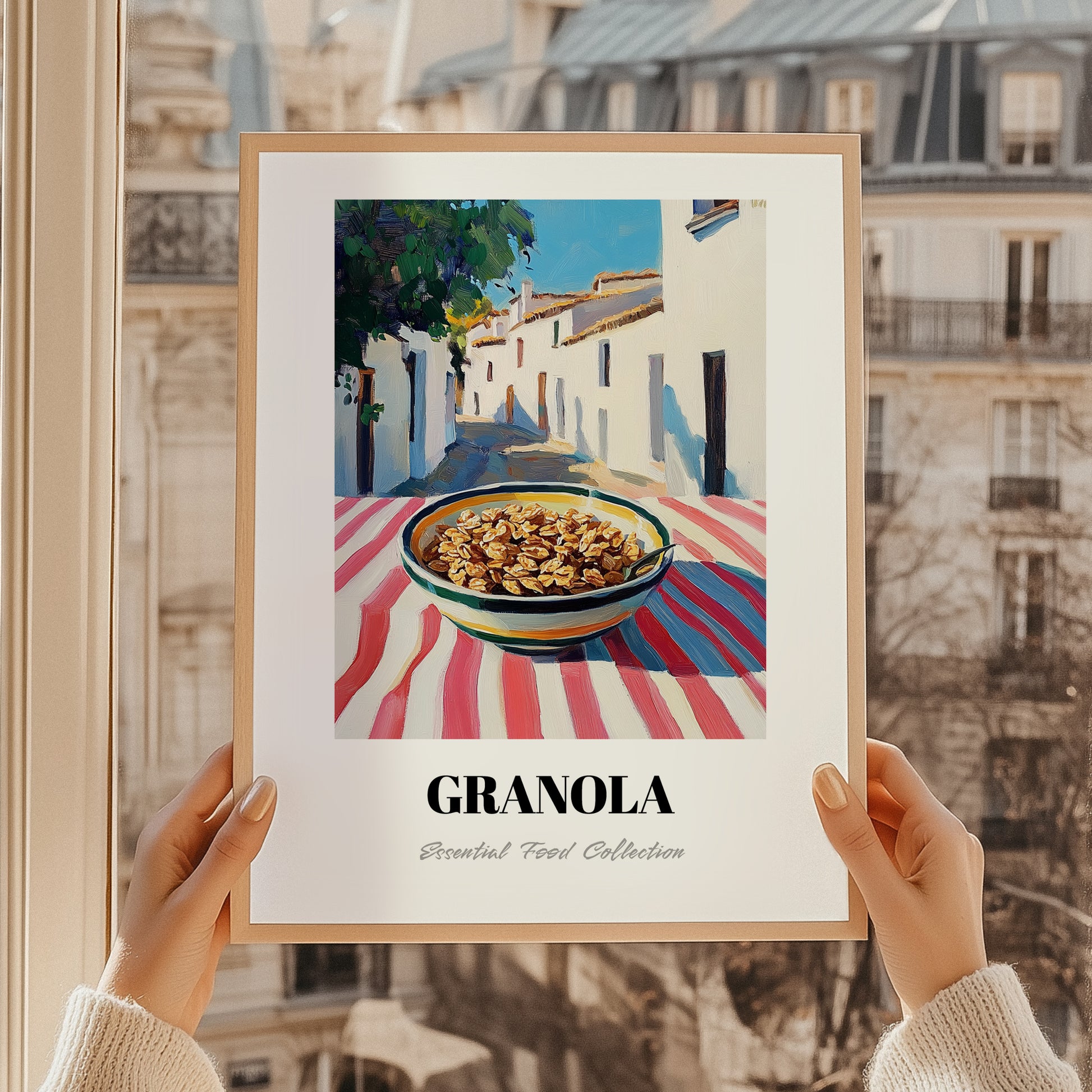 Granola – White village Urban Café Scene, American Food Wall Decor, styled in a charming Paris street view