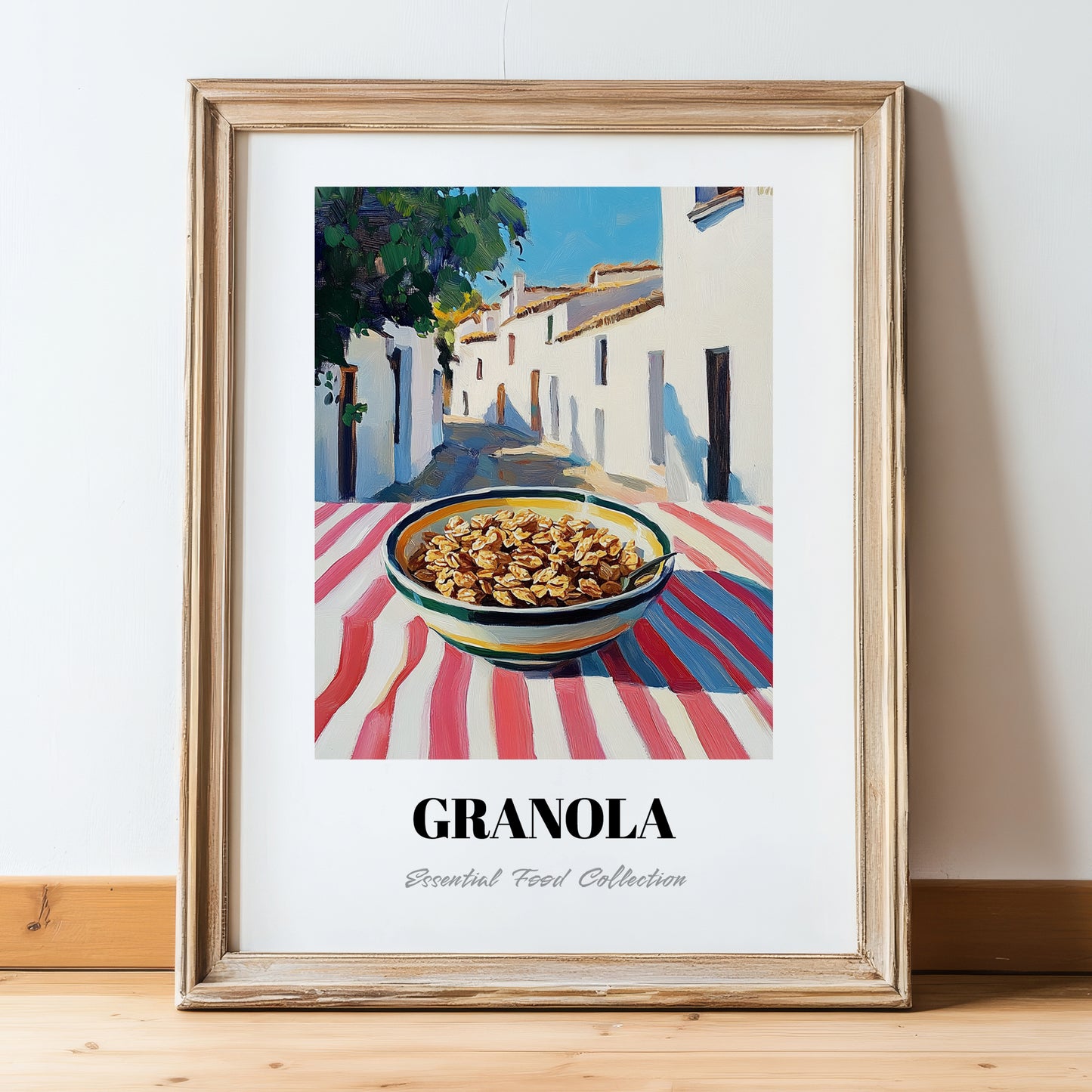 Granola – White village Urban Café Scene, American Food Wall Decor, in wooden frame leaning on the floor