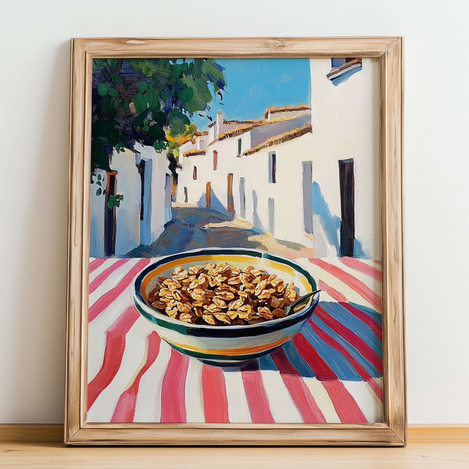 Granola – White village Urban Café Scene, American Food Wall Decor, no-text version framed in wood