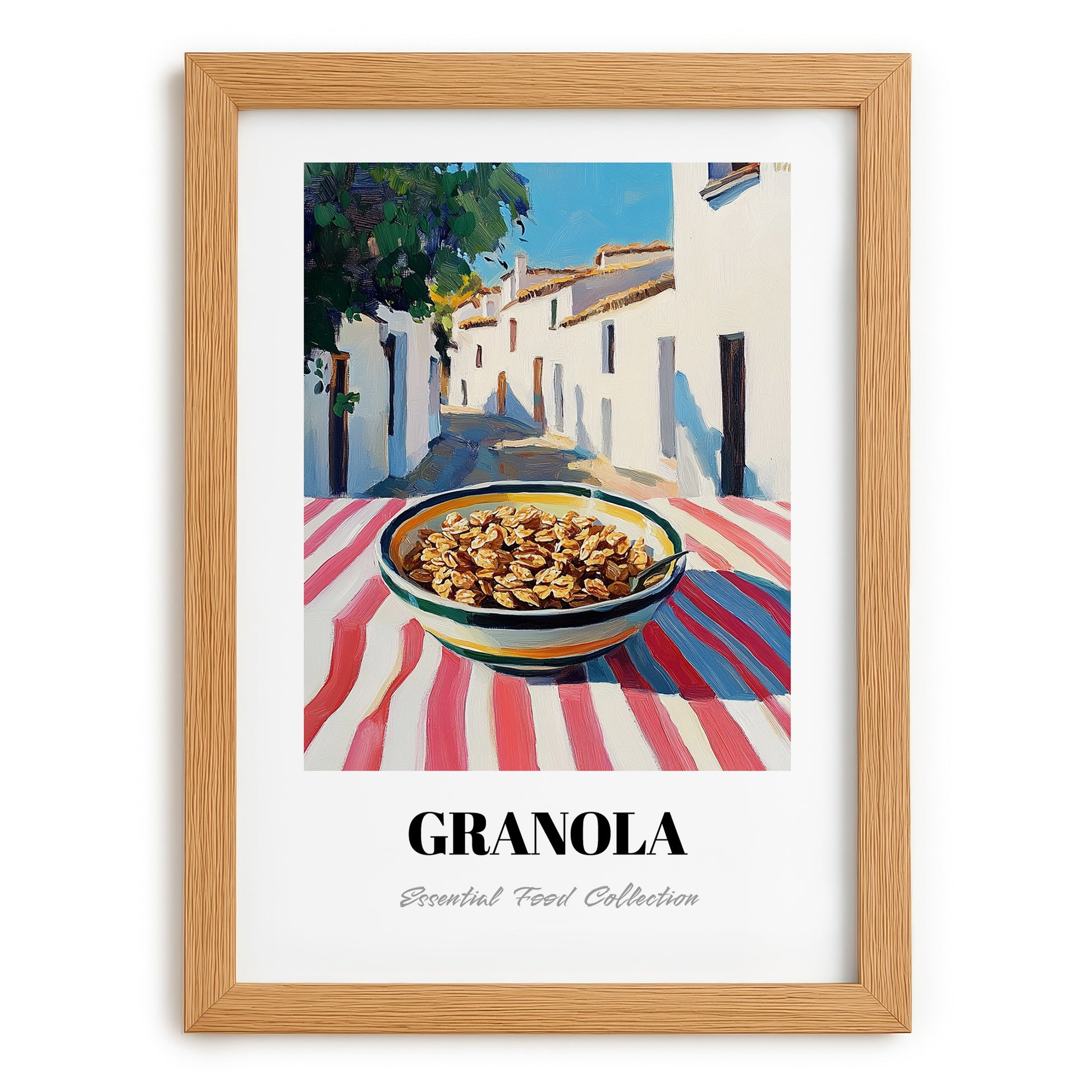 Granola – White village Urban Café Scene, American Food Wall Decor, set in oak frame