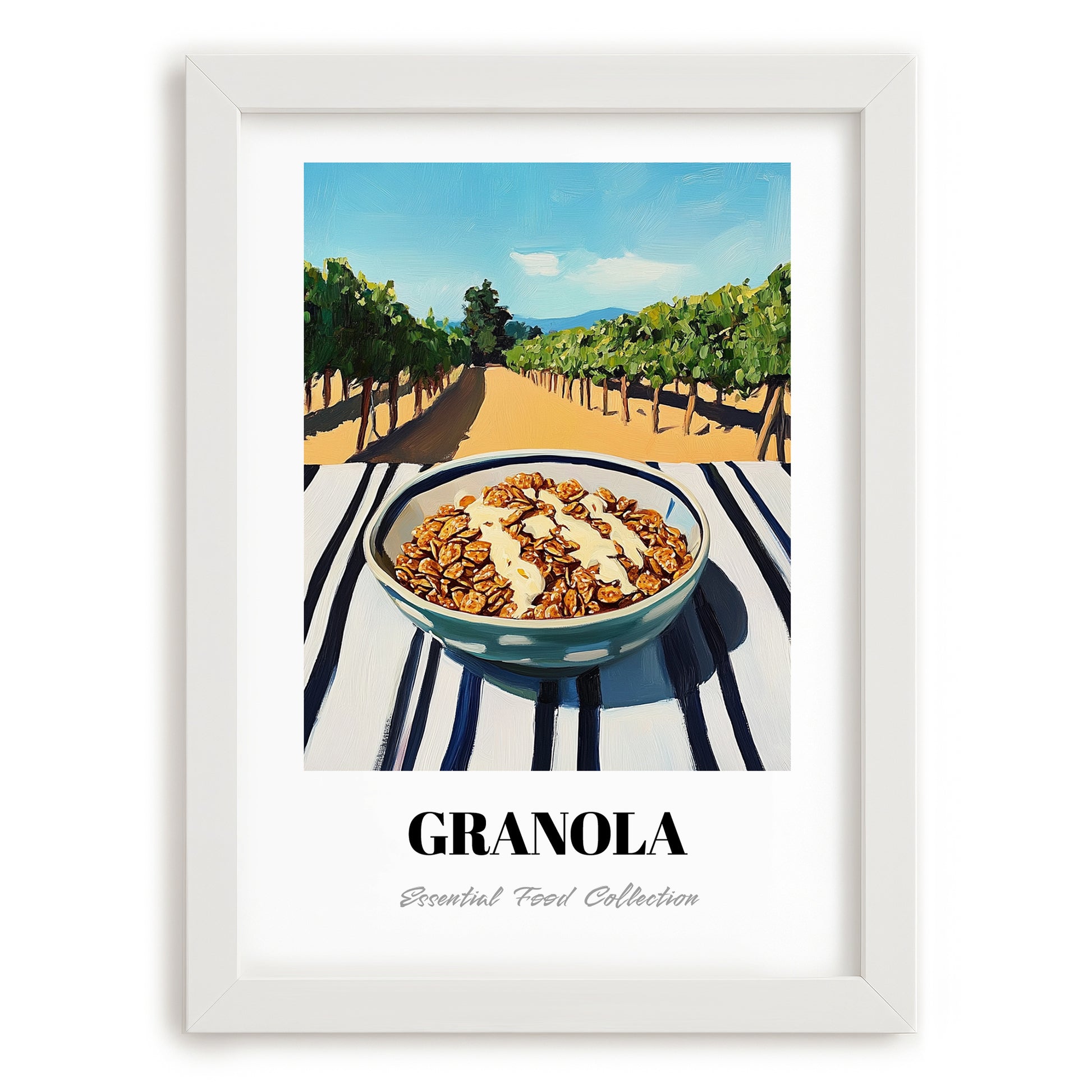 Granola #6 – Hilltop Table Scene, American Food Painting, placed in minimal white frame