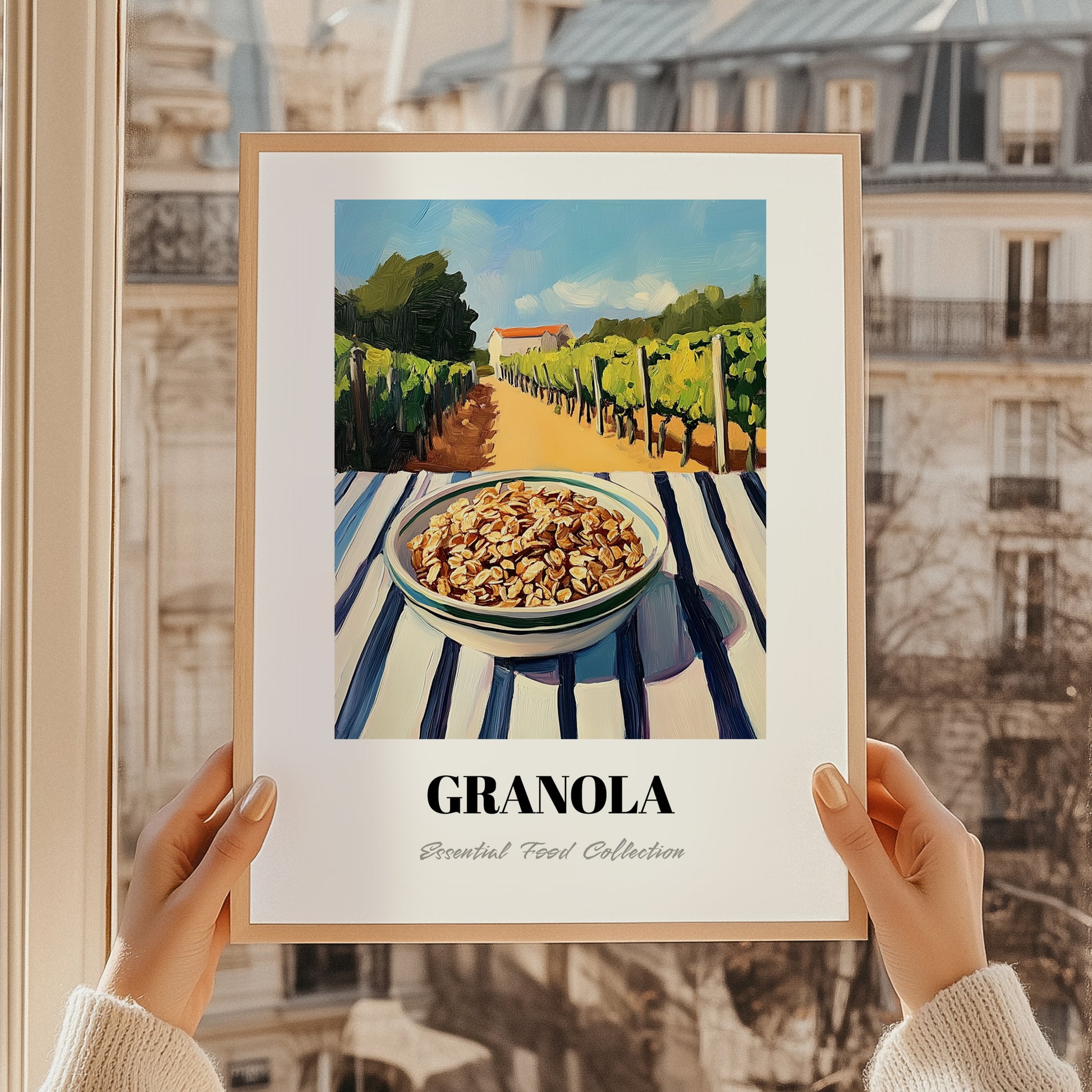 Granola #8 – Hillside Café View, American Food Illustration, styled in a charming Paris street view