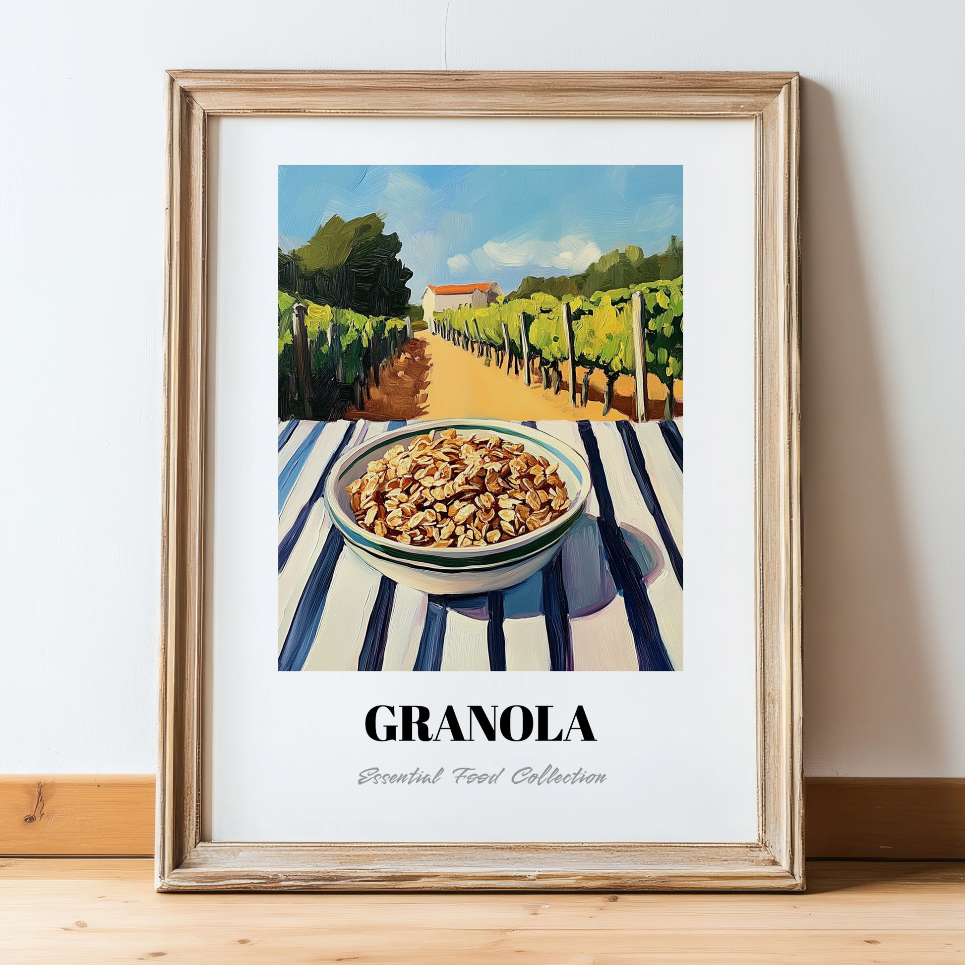 Granola #8 – Hillside Café View, American Food Illustration, in wooden frame leaning on the floor