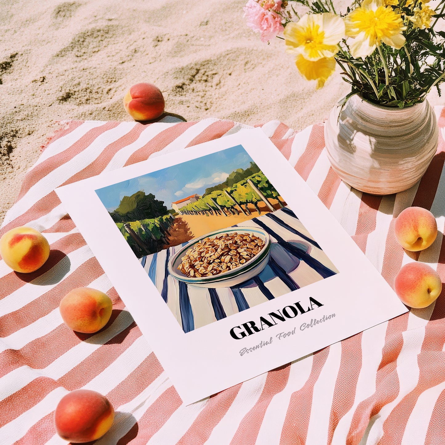 Granola #8 – Hillside Café View, American Food Illustration, unframed on coastal sand