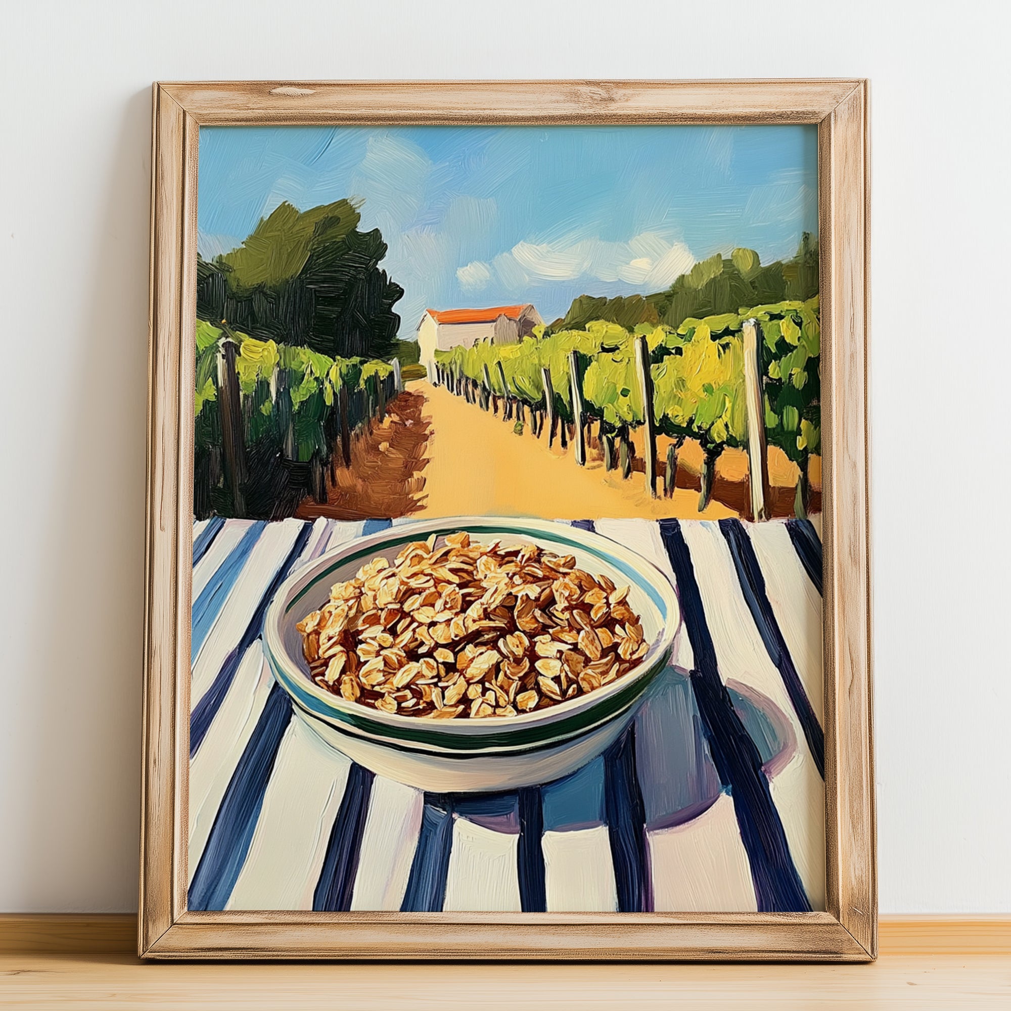 Granola #8 – Hillside Café View, American Food Illustration, no-text version framed in wood