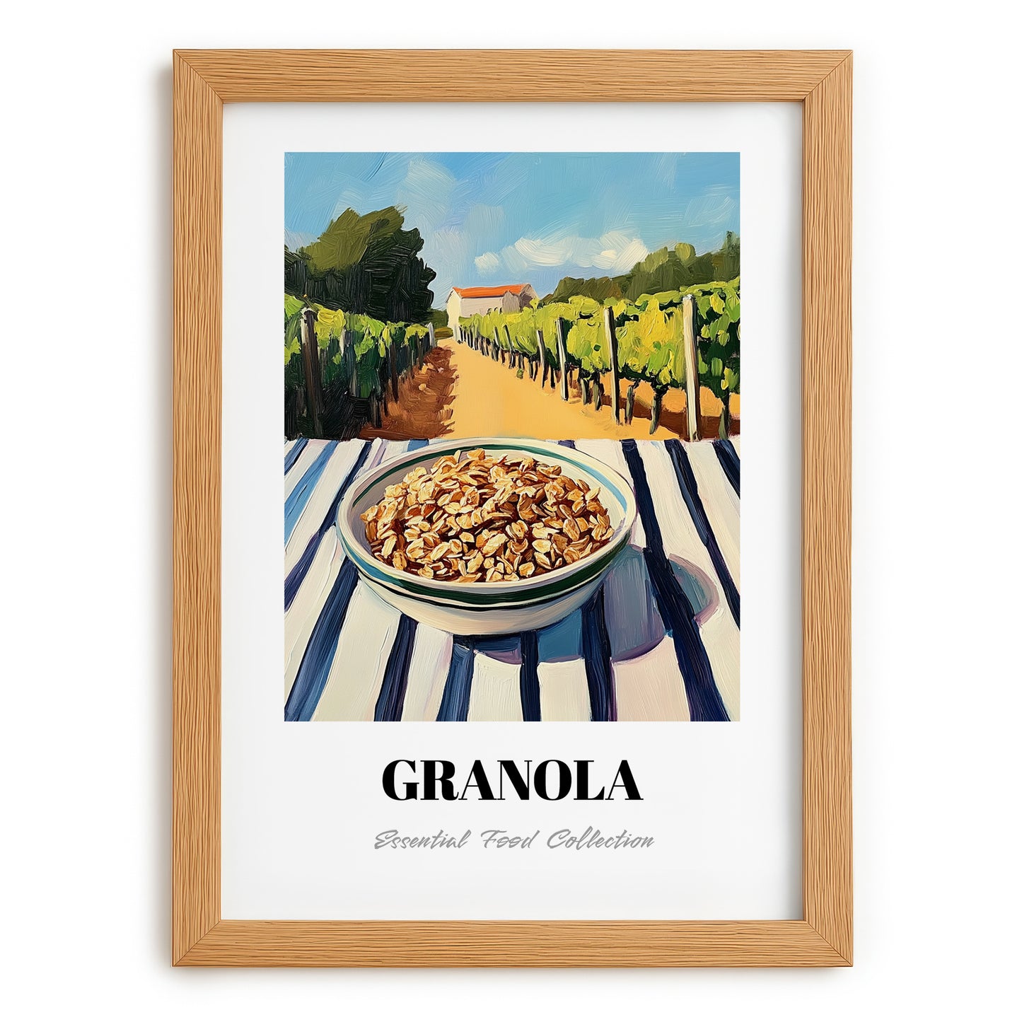 Granola #8 – Hillside Café View, American Food Illustration, set in oak frame