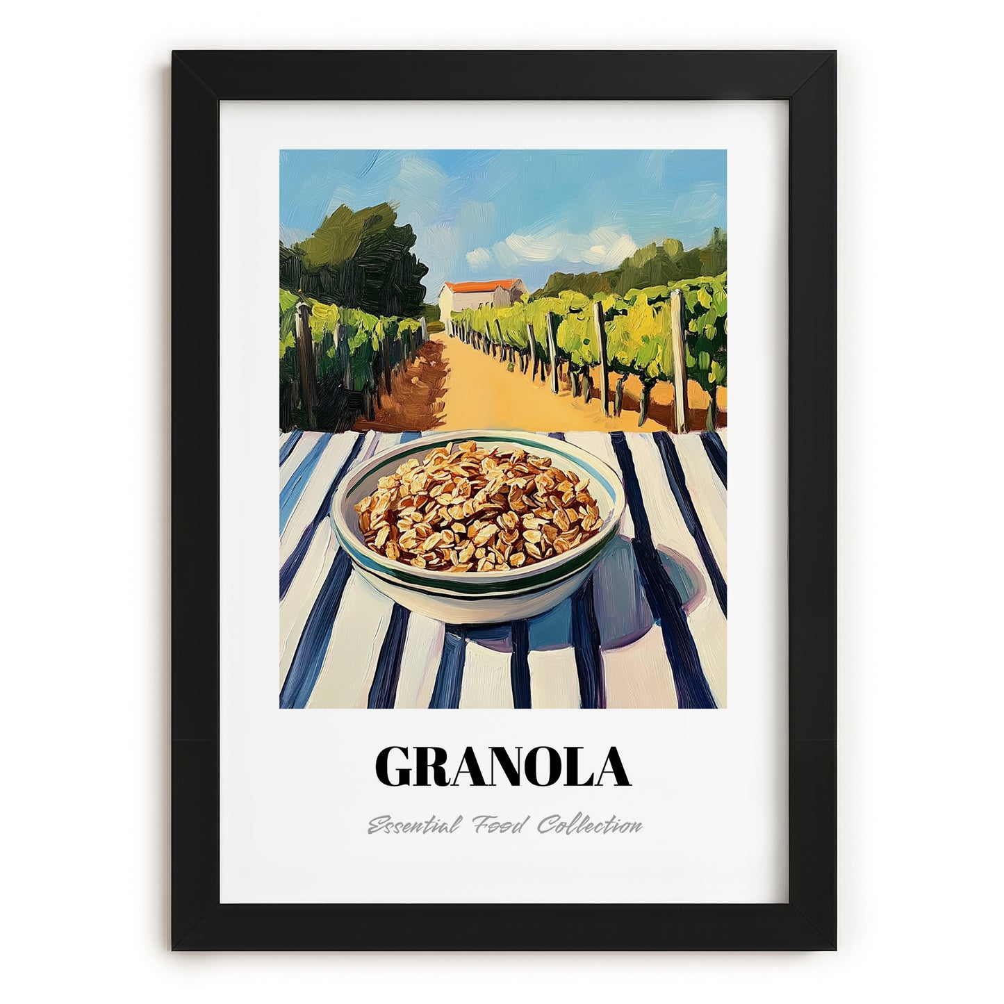 Granola #8 – Hillside Café View, American Food Illustration, in sleek black frame