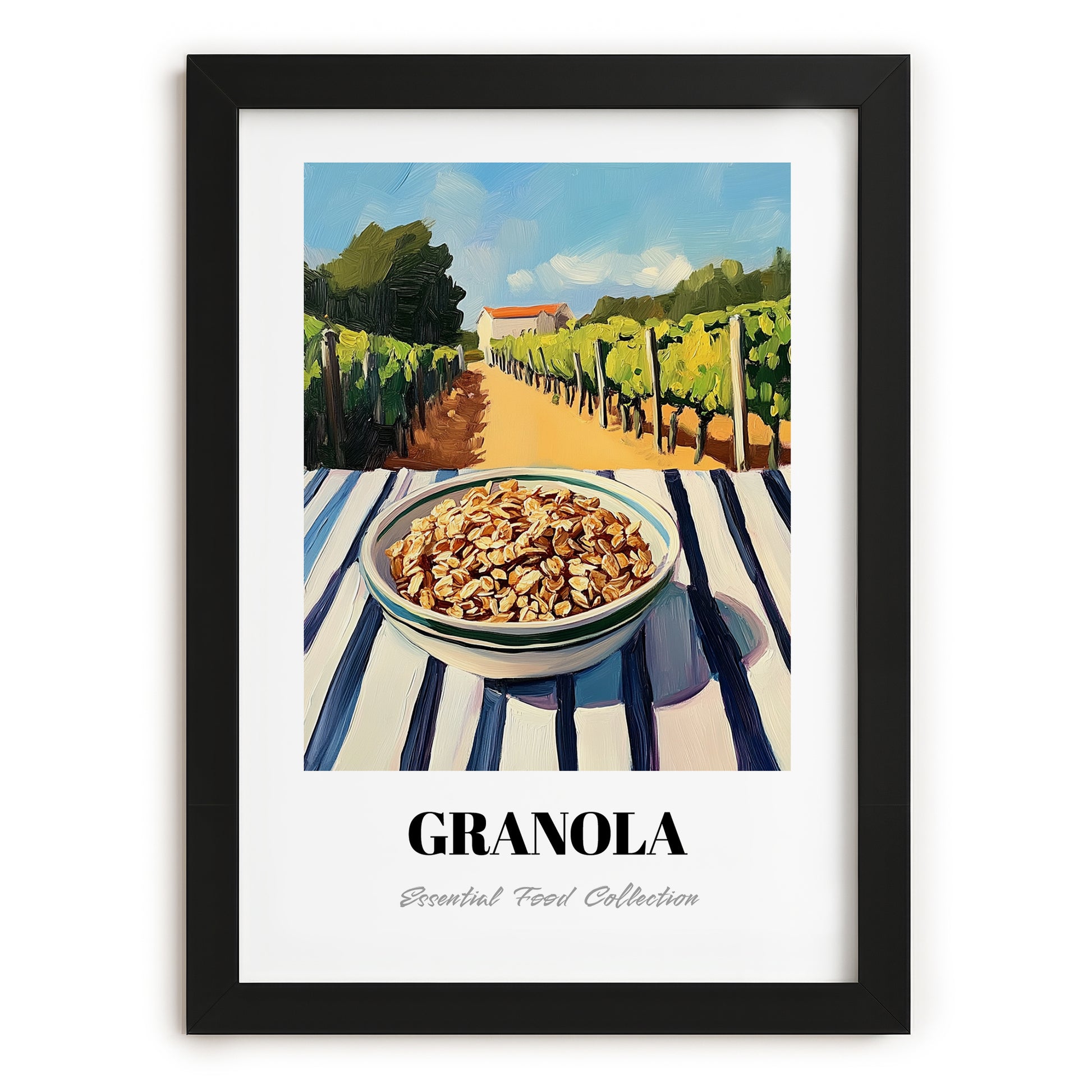 Granola #8 – Hillside Café View, American Food Illustration, in sleek black frame