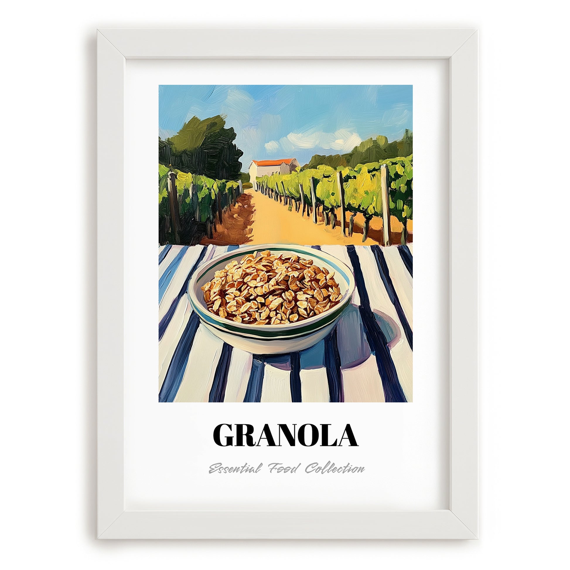 Granola #8 – Hillside Café View, American Food Illustration, placed in minimal white frame