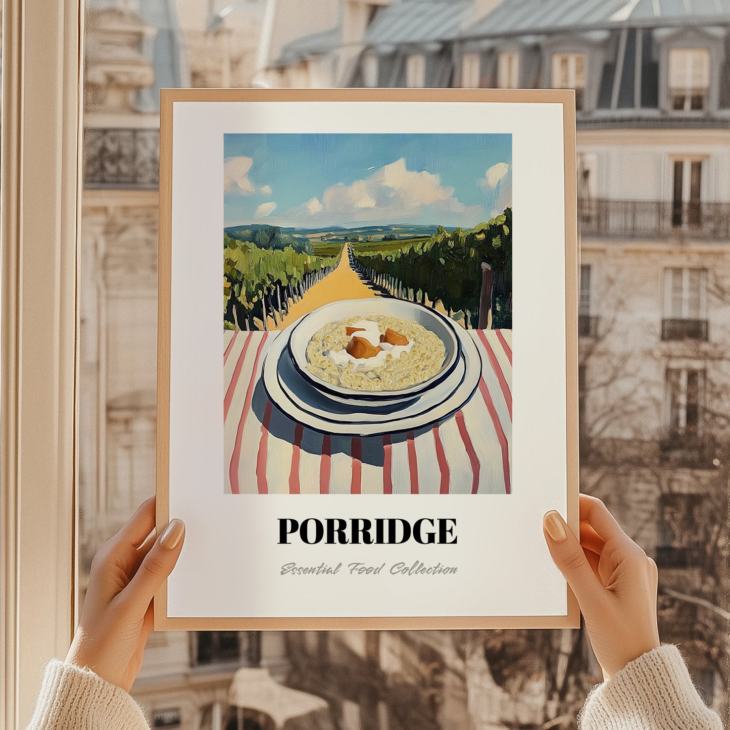 Porridge – Hillside Café View, British Food Illustration, styled in a charming Paris street view
