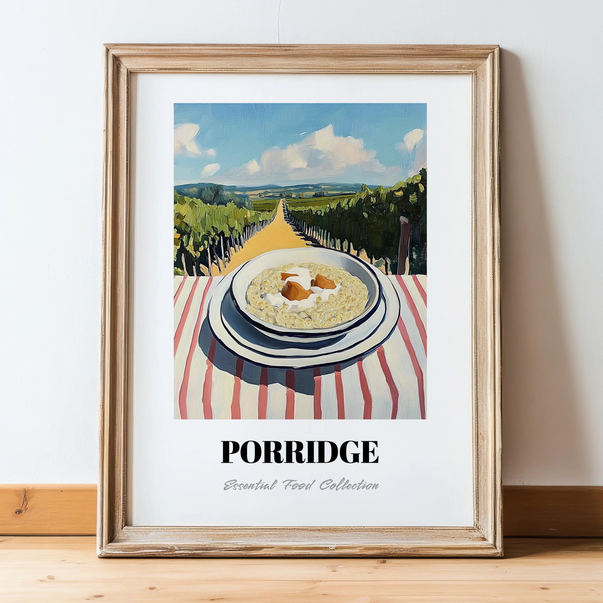 Porridge – Hillside Café View, British Food Illustration, in wooden frame leaning on the floor