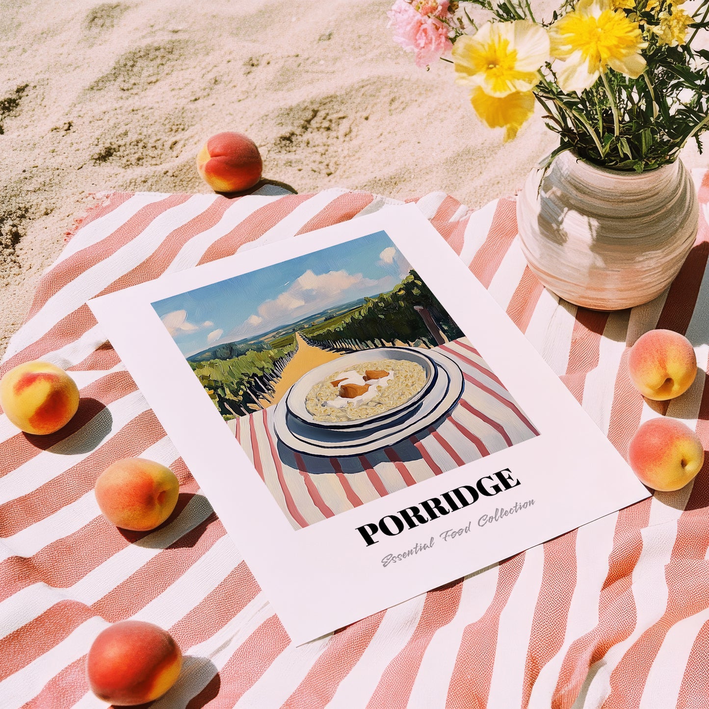 Porridge – Hillside Café View, British Food Illustration, unframed on coastal sand