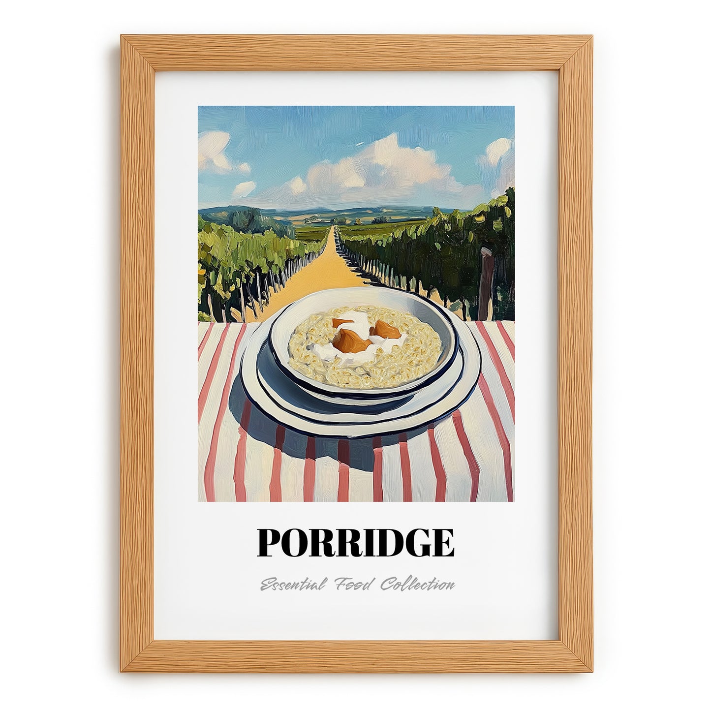 Porridge – Hillside Café View, British Food Illustration, set in oak frame