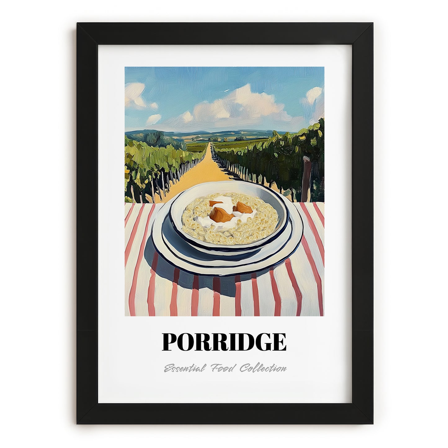Porridge – Hillside Café View, British Food Illustration, in sleek black frame