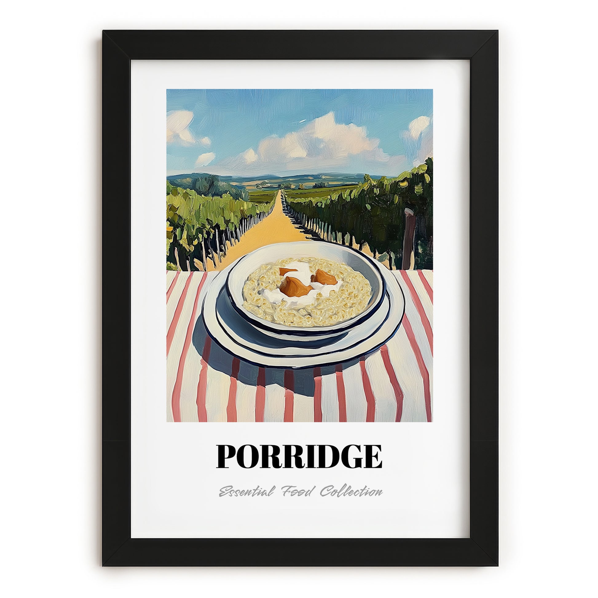 Porridge – Hillside Café View, British Food Illustration, in sleek black frame