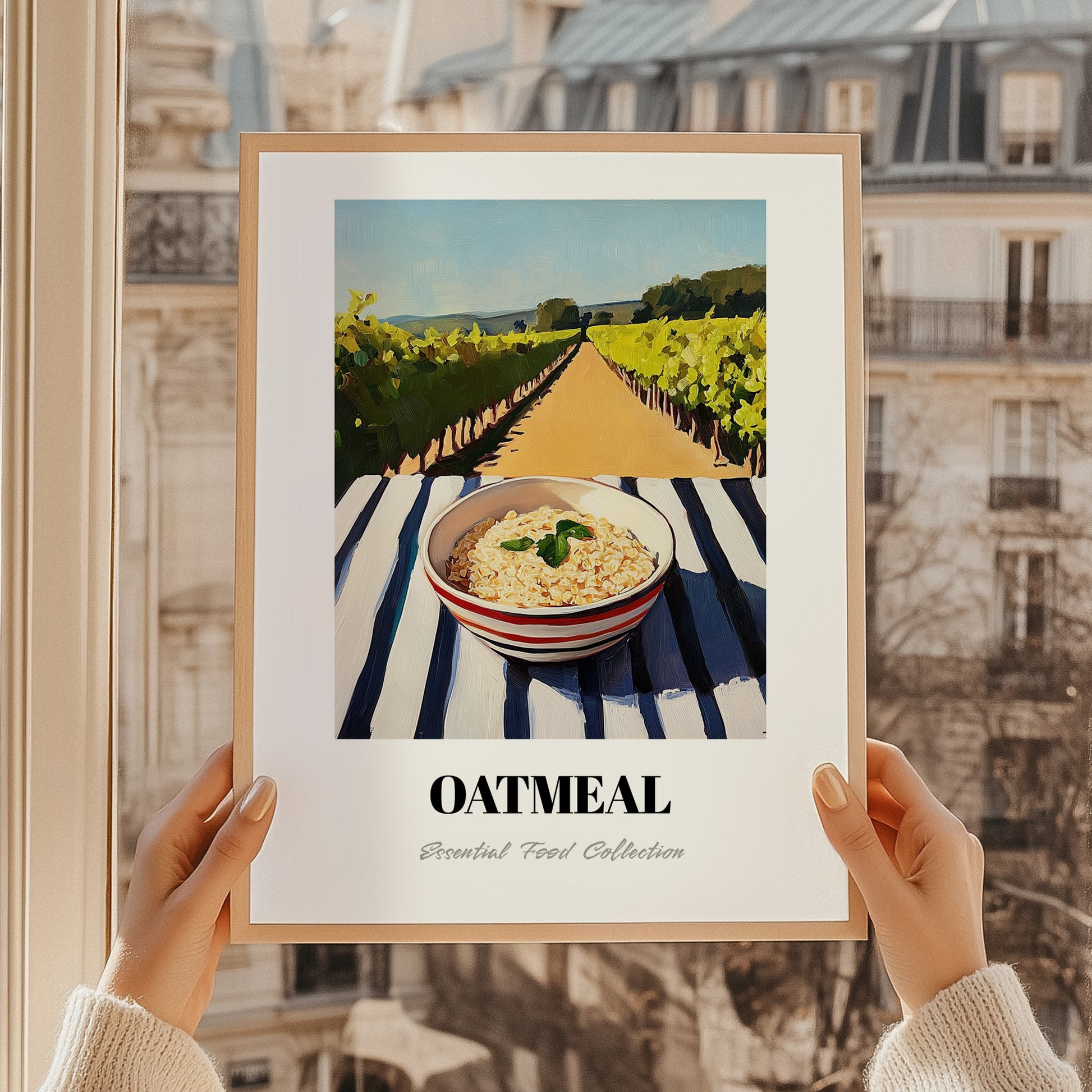 Oatmeal – Hilltop Table Scene, American Food Wall Art, styled in a charming Paris street view