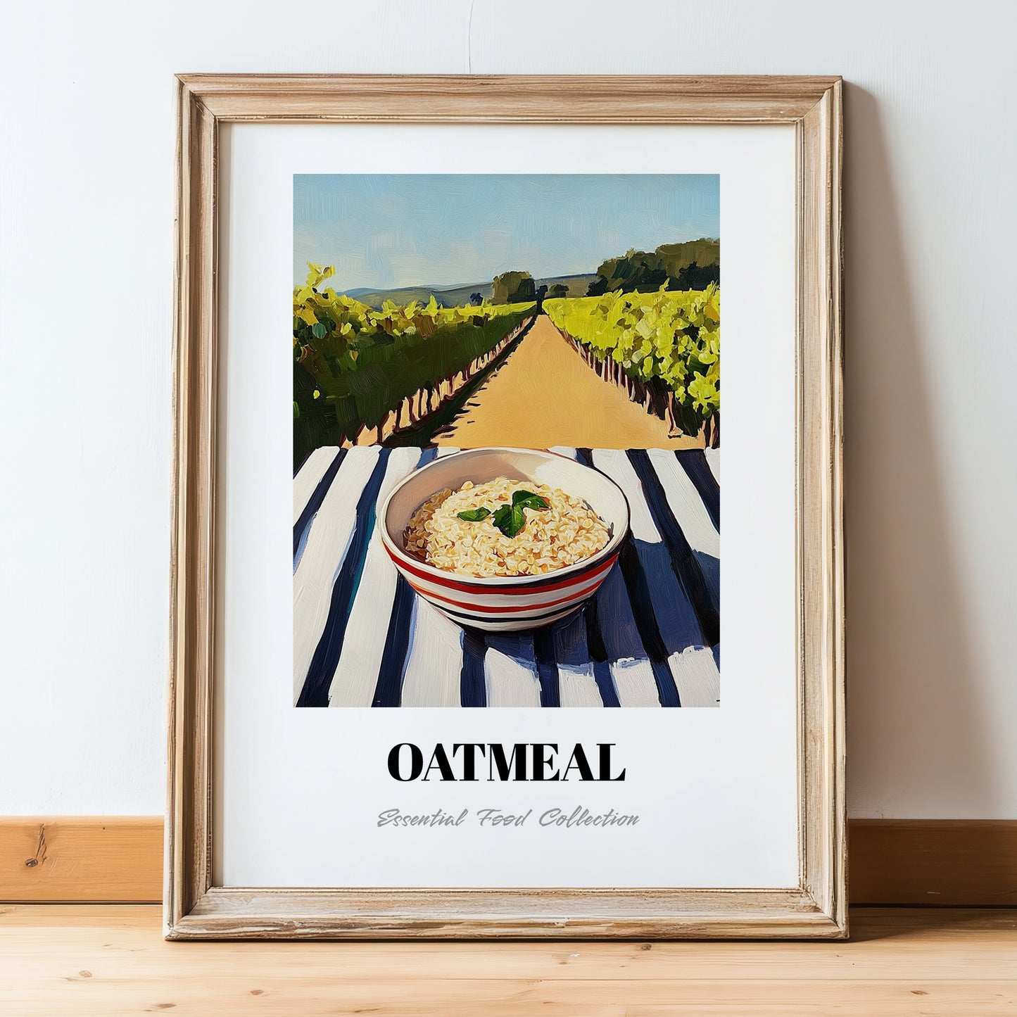 Oatmeal – Hilltop Table Scene, American Food Wall Art, in wooden frame leaning on the floor